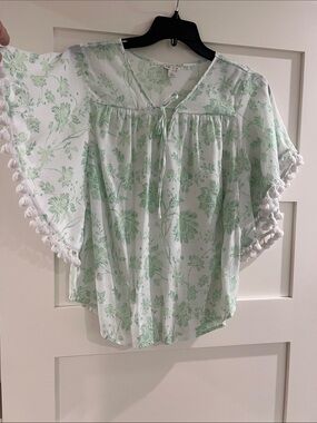 Cato White Blouse with Light Green Floral Print and Pom-Pom Trim